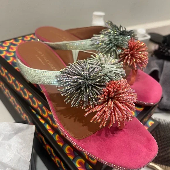Kurt Geiger Pink Sandals with Multicolor Pom Poms - Picture 2 of 4